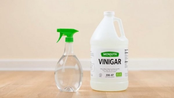Cleaning supplies including a vinegar bottle and spray for cleaning with vinegar.