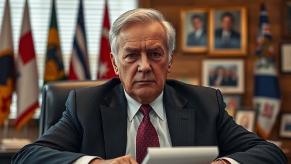 Official sitting in an office, serious expression at desk.