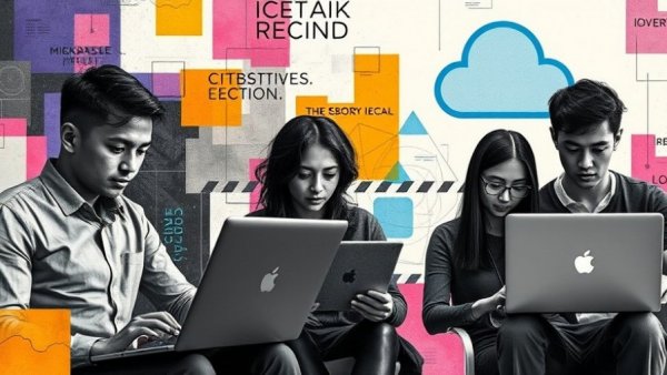 Modern collage of diverse people engaging with digital cloud theme at OpenAI Thinking Machines Lab.