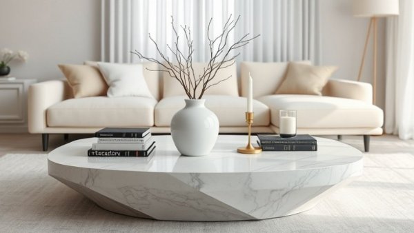 Elegant marble coffee table styled in a modern living room.
