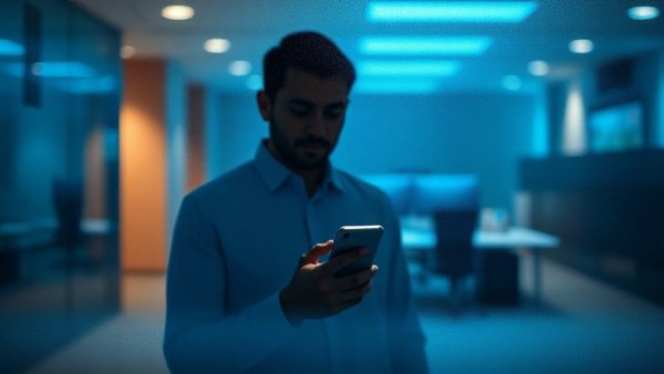 Silhouette in tech office with smartphone behind frosted glass.