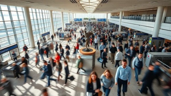 Busy airport terminal with crowd and statue, Jeppesen ForeFlight layoffs.
