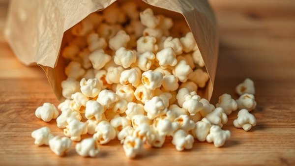 Close-up of microwave popcorn spilling from a bag.