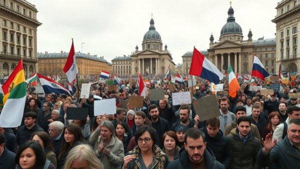 Protest with flags in urban area, highlighting Trump's tariff impact.