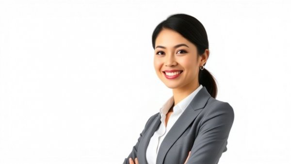 Professional woman in business attire, white background.