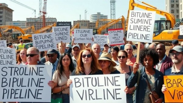 Activists protesting bitumen pipeline construction in urban area.