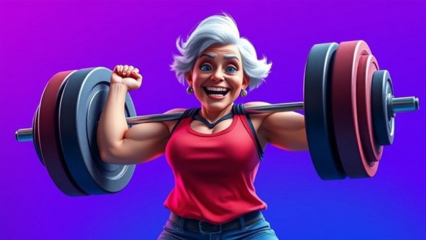 Illustration of an older woman lifting a huge barbell, emphasizing strength training benefits for aging.