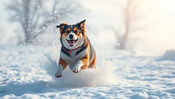 Dog running through snow, embodying energy and freedom in winter landscape.