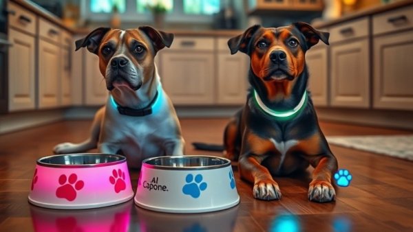 Chewy products for multi-dog households with LED collars and bowls.