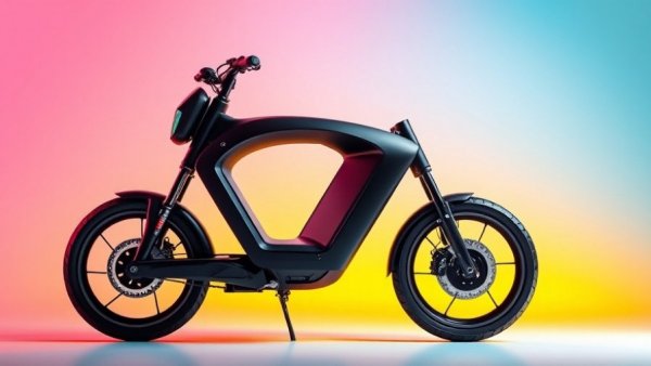 Futuristic black electric bike against vibrant gradient background.