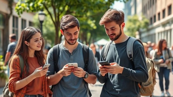 People on street discussing with smartphones during Iran internet shutdown.