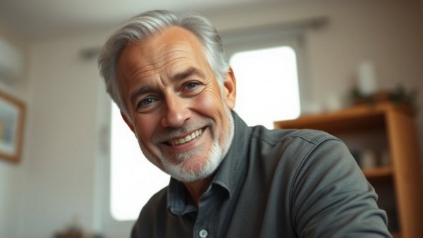 Cheerful older man discussing retirement spending mindset indoors.