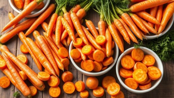 Freshly sliced carrots in bowls on a rustic wooden table.