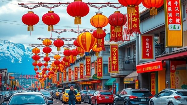 Vancouver BC streetscape with festive decor and mountain view.