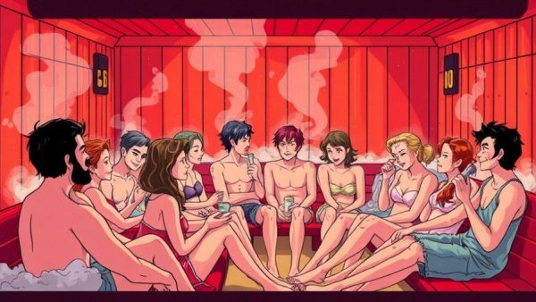 Vibrant illustration of people relaxing in a sauna, health and wellness in Vancouver.