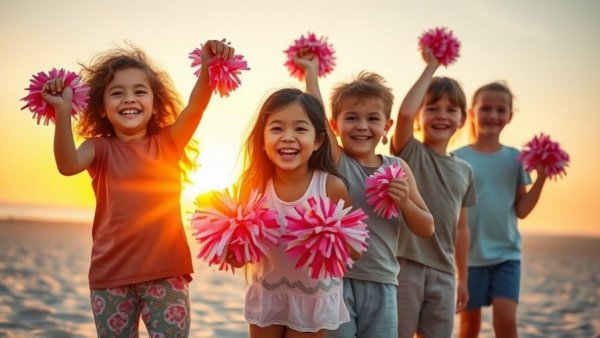 Planning a family reunion: children playing on a beach at sunset.