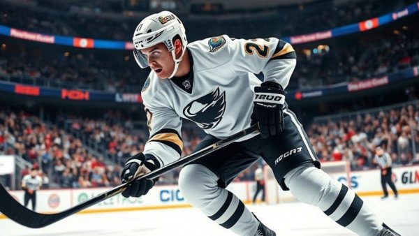 Focused hockey player in action during game related to NHL trade rumors.