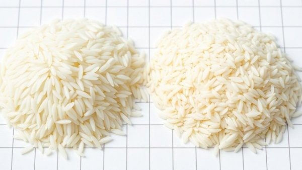 Difference between basmati and jasmine rice visually shown with distinct piles.