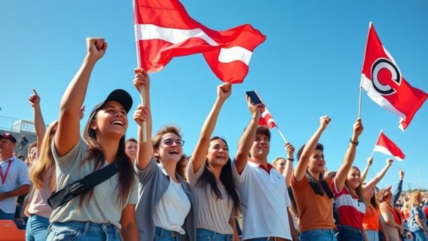 Colorado State University students cheer energetically with flags at a stadium event.
