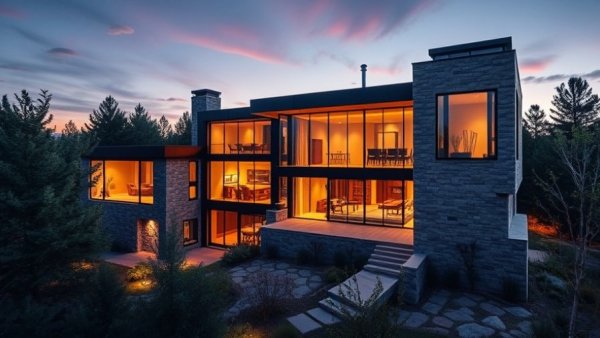 Modern luxury home in Denver at twilight with glass windows and elegant design.
