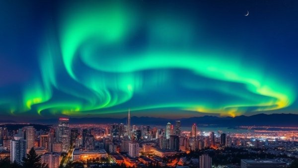 Northern lights over Vancouver skyline at night with aurora.