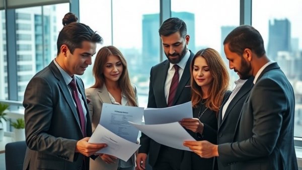 Business team discusses documents in modern office about current mortgage rates.