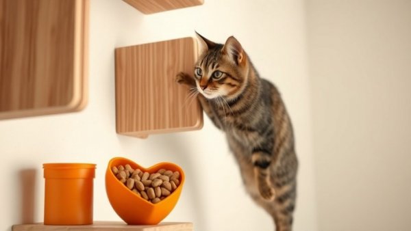 Inquisitive tabby cat climbing shelves with pet treats in hand, Vancouver pets.