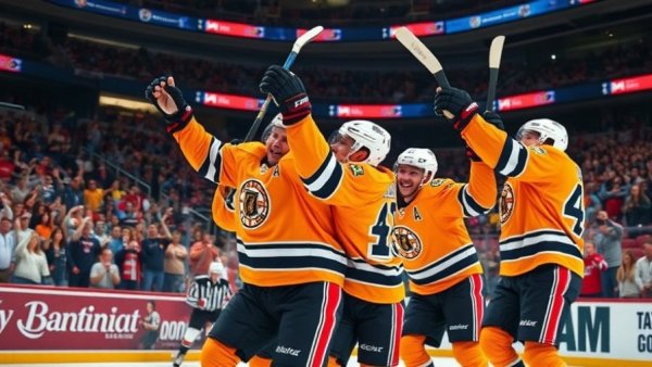 NHL Vancouver hockey players celebrating a goal, fans cheering.