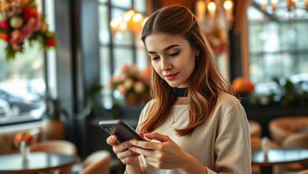 Young woman using phone in elegant cafe with floral decor, China AI boyfriend business.