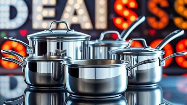 All-Clad cookware set displayed against a vibrant 'DEALS' backdrop.