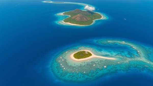 Aerial view of Chagos Islands, lush greenery, blue ocean.