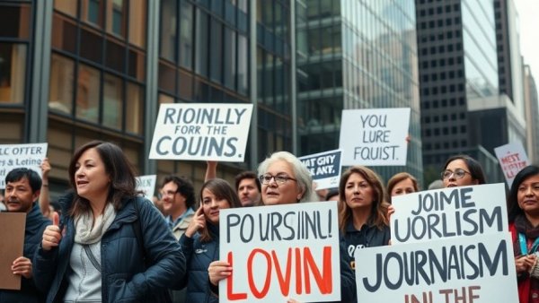 Group supporting local journalism protests in urban setting.