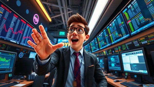 Stock trader reacting to Trump tariff effects on Wall Street monitors.