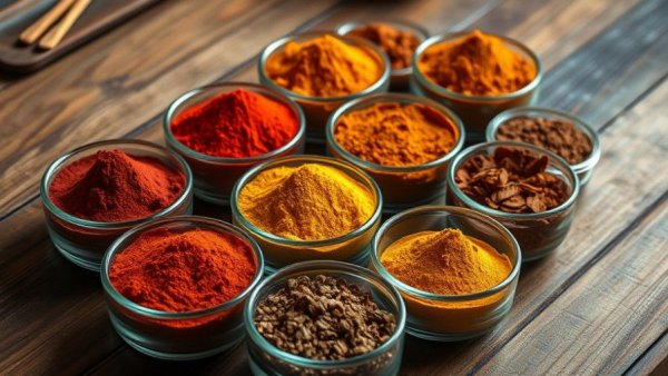 Assorted spice powders in bowls on wooden table