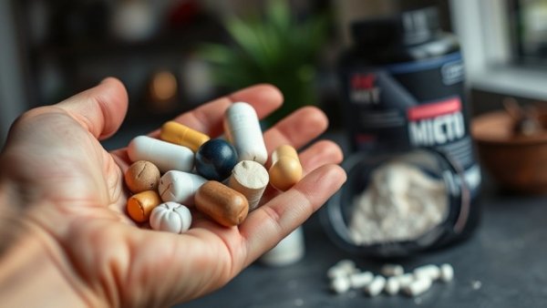 Variety of supplements with creatine scoop in hand, indoor setting.
