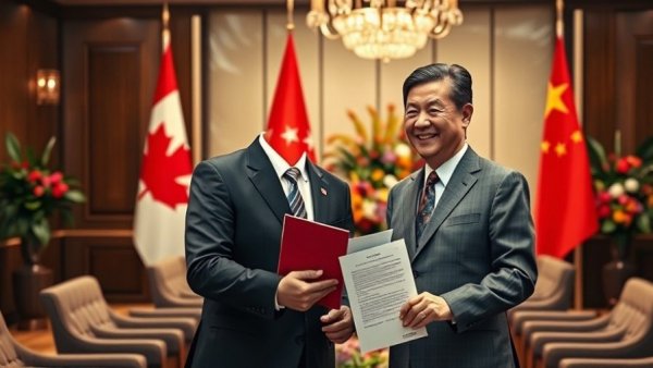 Canada China trade deal celebration with flags and documents.