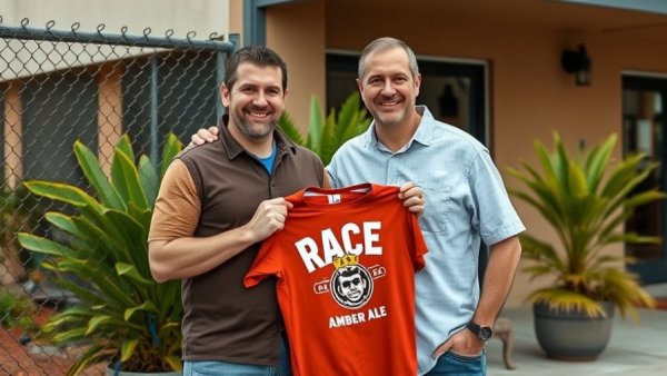 Two men with Race Rocks Ale shirt at Victoria Lighthouse Brewing.