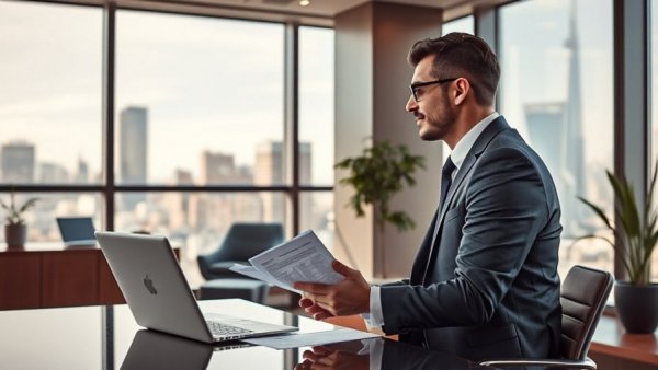 Financial advisor offering guidance in a modern office.
