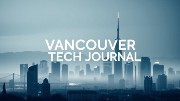 Vancouver Tech Journal logo over city skyline, tech atmosphere.