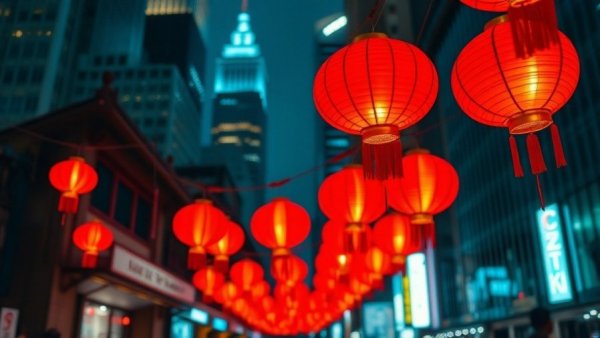 Lunar New Year lanterns in Vancouver cityscape at night.