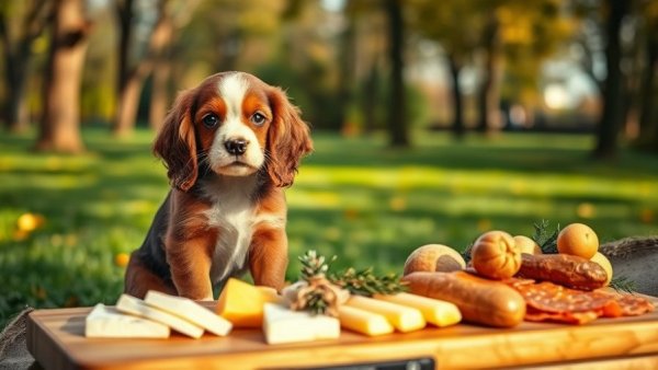 Adorable puppy and charcuterie board showcasing beloved dog breeds.
