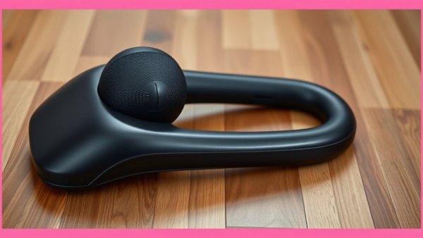 Sleek black at-home massage device on wooden floor with pink border.