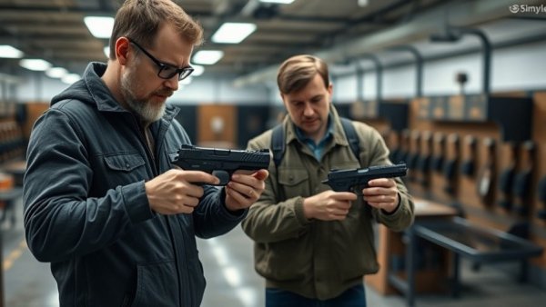 Handgun accessories discussion at indoor range, California focus.