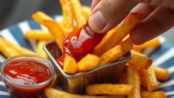 Crispy air-fryer French fries with ketchup on a plate.