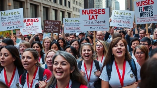 New York City Nurses Strike with diverse crowd and protest banners.