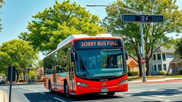 Crowded Vancouver bus at stop sign amid lush greenery, highlighting bus lanes improvement delays.