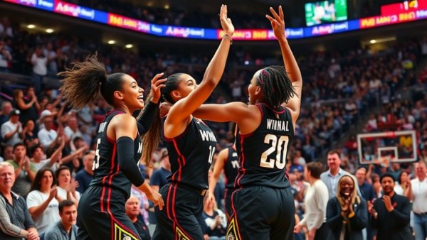 WNBA players celebrate in lively Vancouver basketball arena.