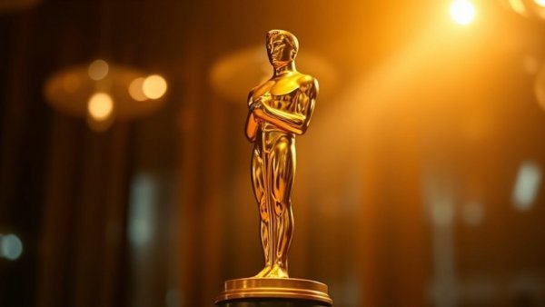 Elegant Oscar statuette with golden shine in cinematic spotlight.