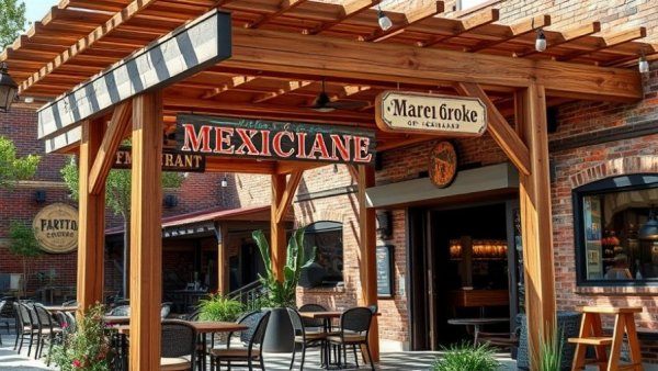 Rustic outdoor patio of Denver restaurant with festive taco sign.