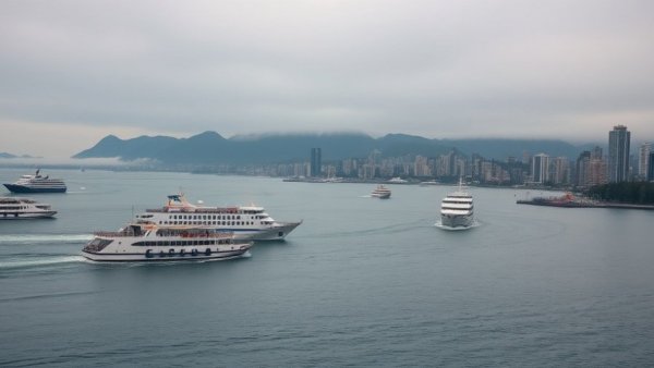 Eventful Vancouver BC harbor scene with ferries and cityscape.